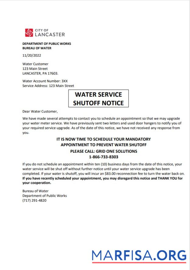 Downloadable USA Lancaster Water service utility bill shutoff notice, Word and PDF template